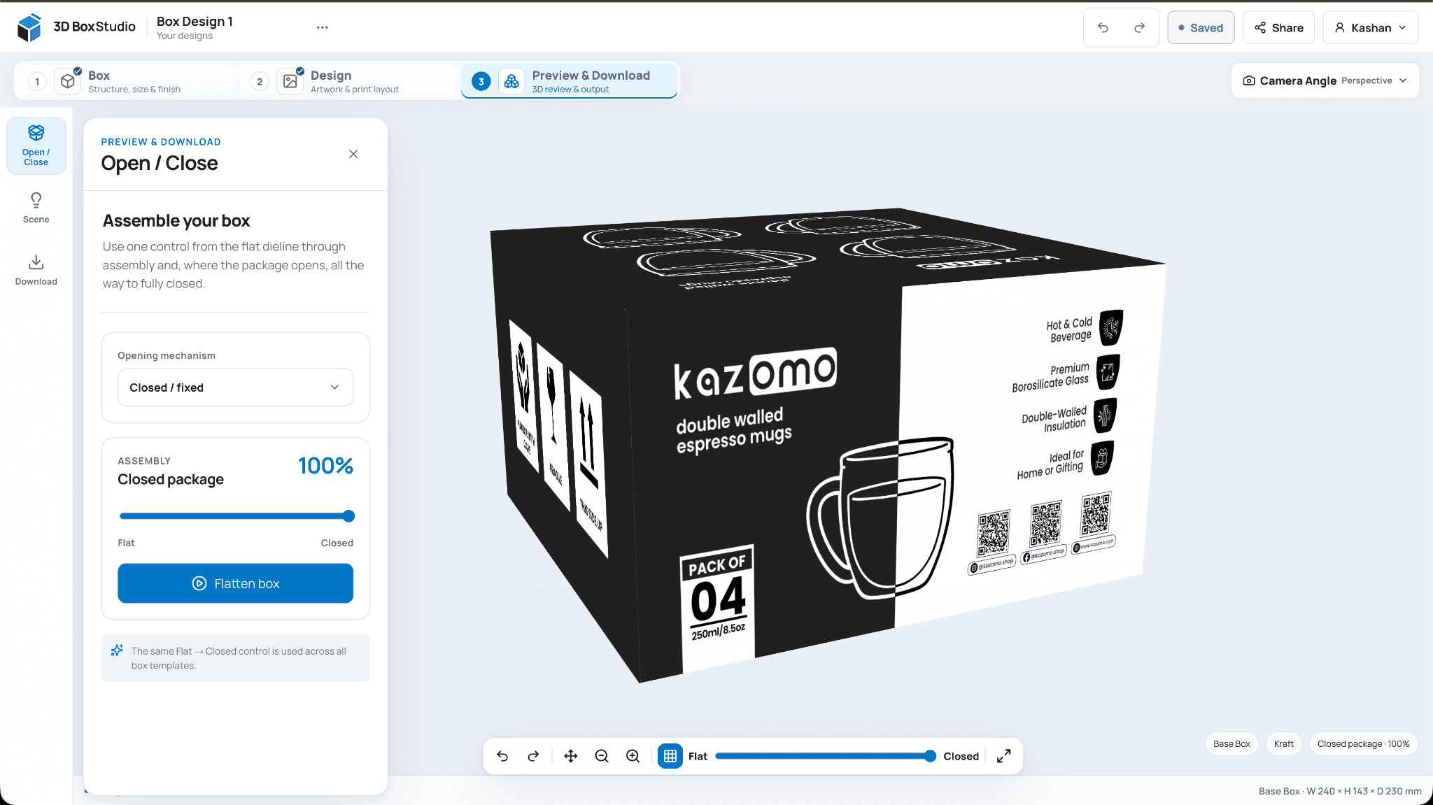3D Box Studio showing a printed shipping box in the live 3D preview, with the assembly control beside it